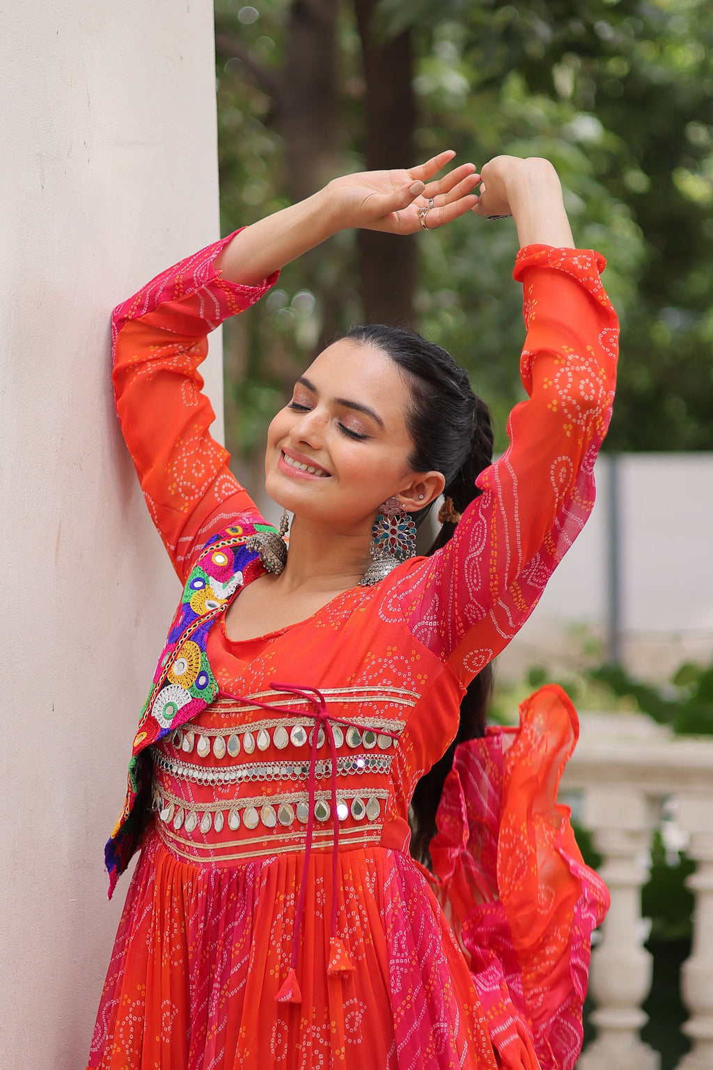 Lorenvalley Fashion Multicolor Faux Georgette Laheriya & Bandhej Print with kutchi patche work Gown | Grocsy