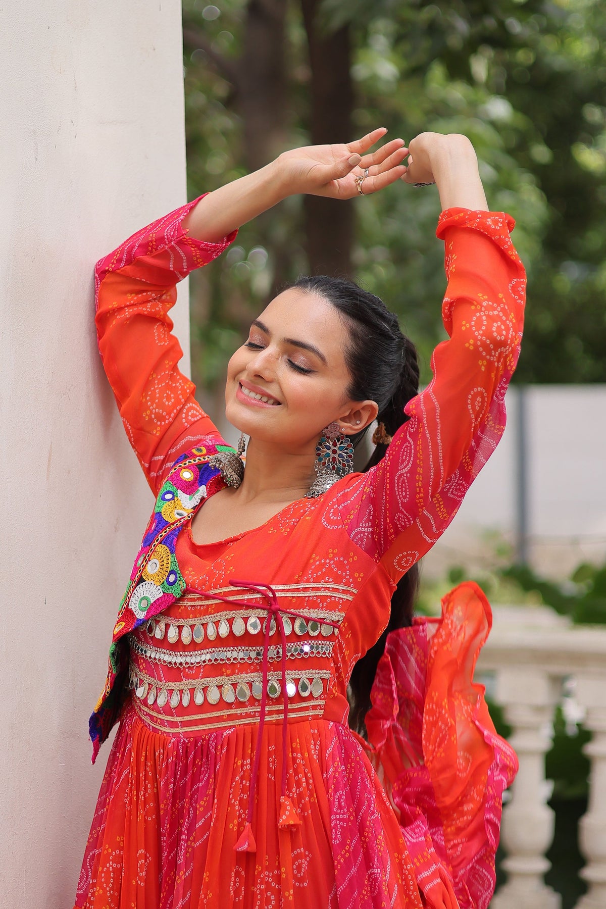 Lorenvalley Fashion Multicolor Faux Georgette Laheriya & Bandhej Print with kutchi patche work Gown | Grocsy