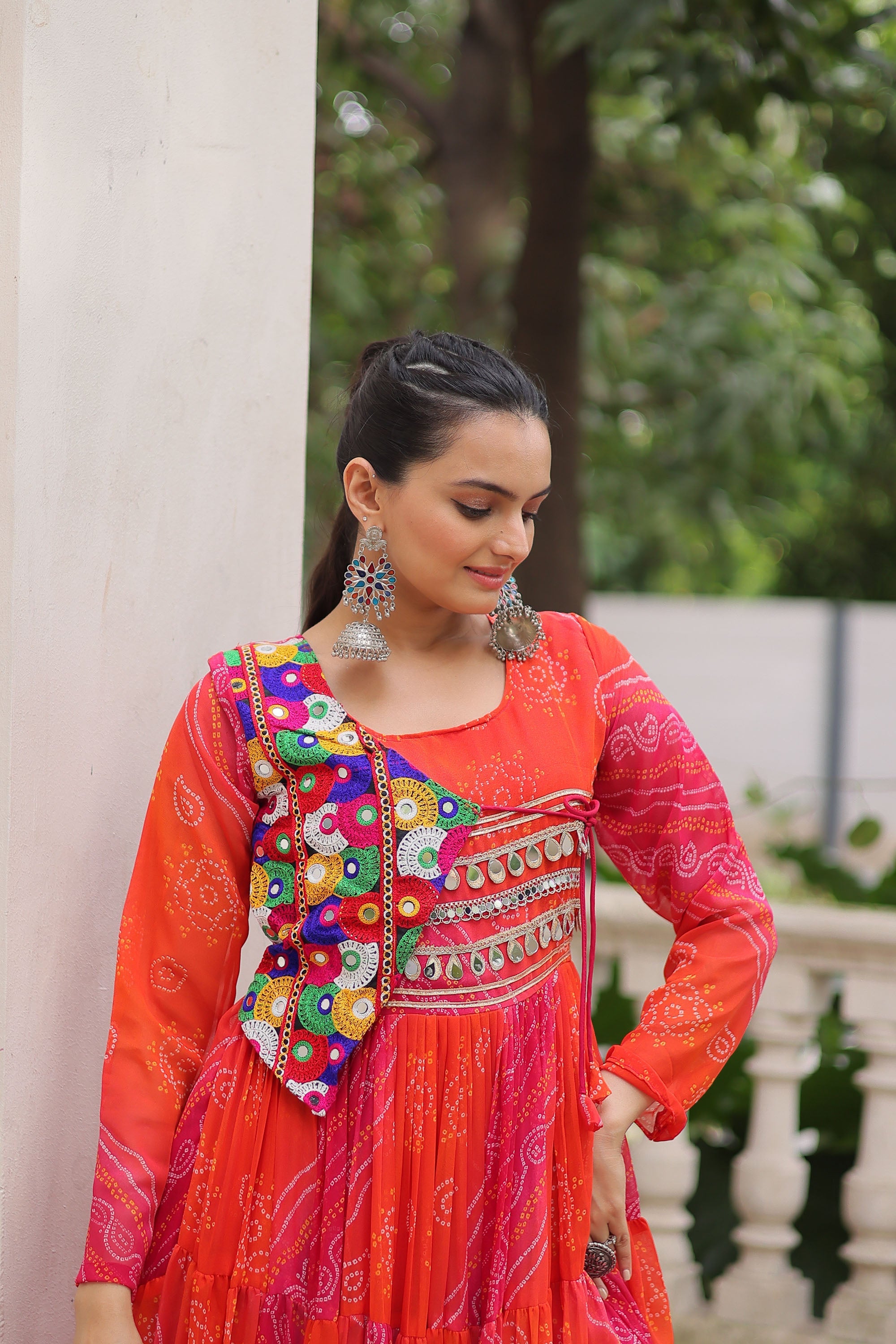 Lorenvalley Fashion Multicolor Faux Georgette Laheriya & Bandhej Print with kutchi patche work Gown | Grocsy