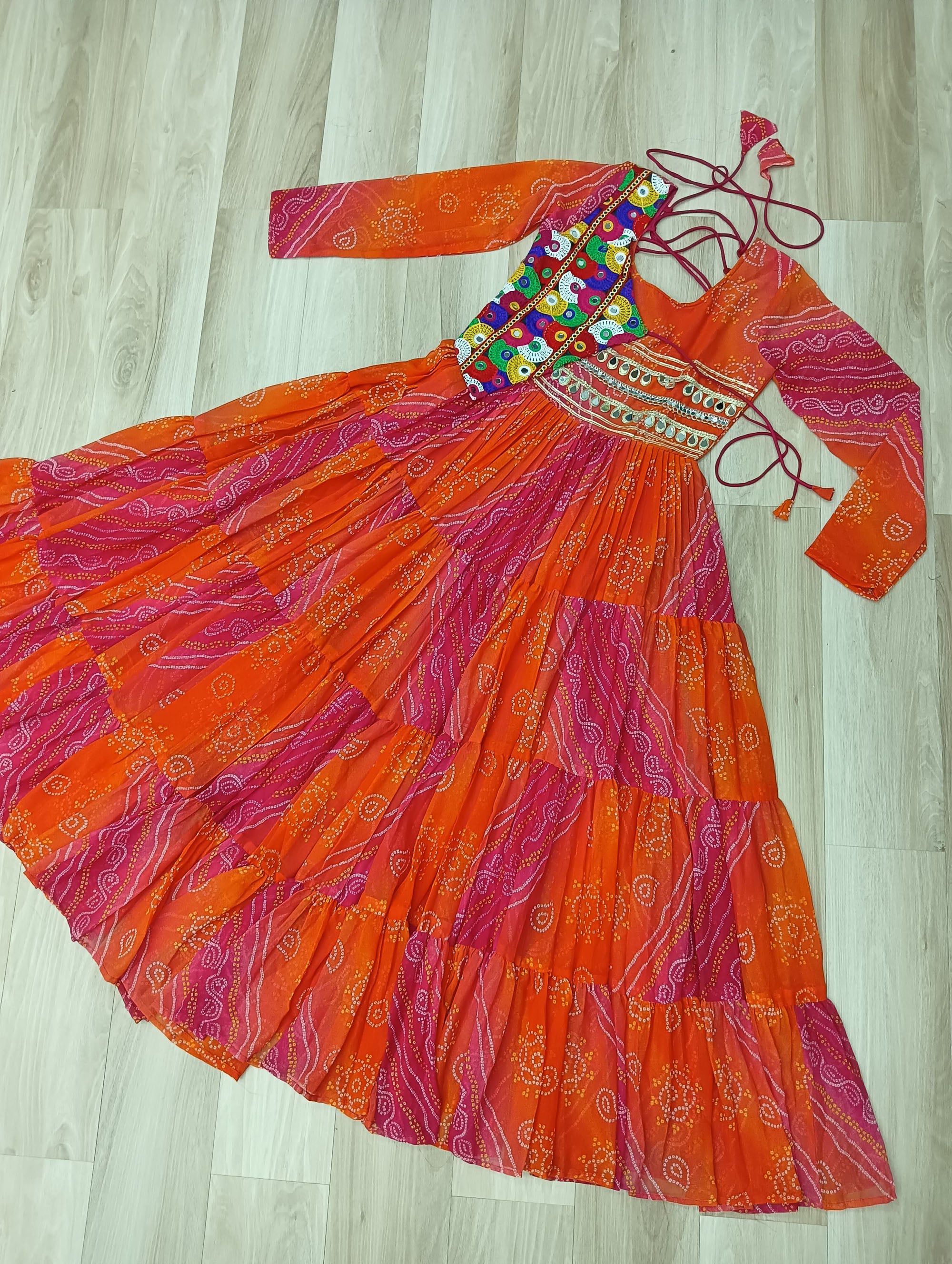 Lorenvalley Fashion Multicolor Faux Georgette Laheriya & Bandhej Print with kutchi patche work Gown | Grocsy