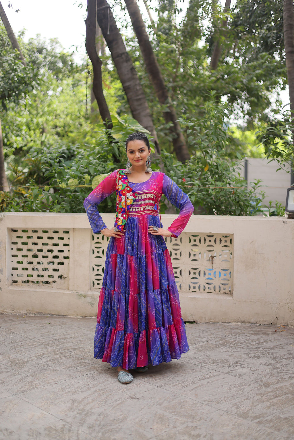 Lorenvalley Fashion Multicolor Faux Georgette Laheriya & Bandhej Print with kutchi patche work Gown | Grocsy