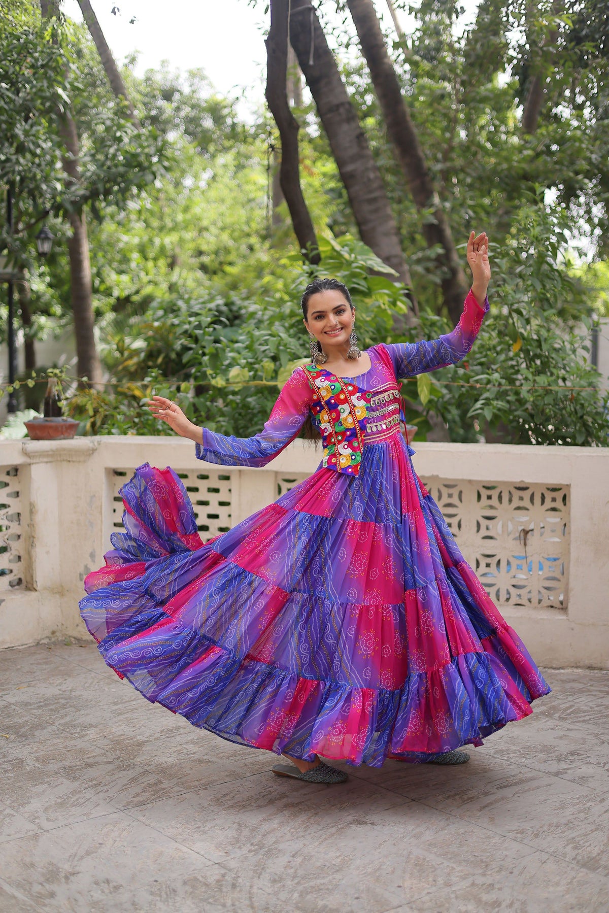 Lorenvalley Fashion Multicolor Faux Georgette Laheriya & Bandhej Print with kutchi patche work Gown | Grocsy