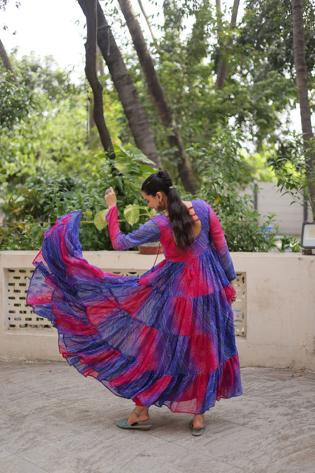 Lorenvalley Fashion Multicolor Faux Georgette Laheriya & Bandhej Print with kutchi patche work Gown | Grocsy