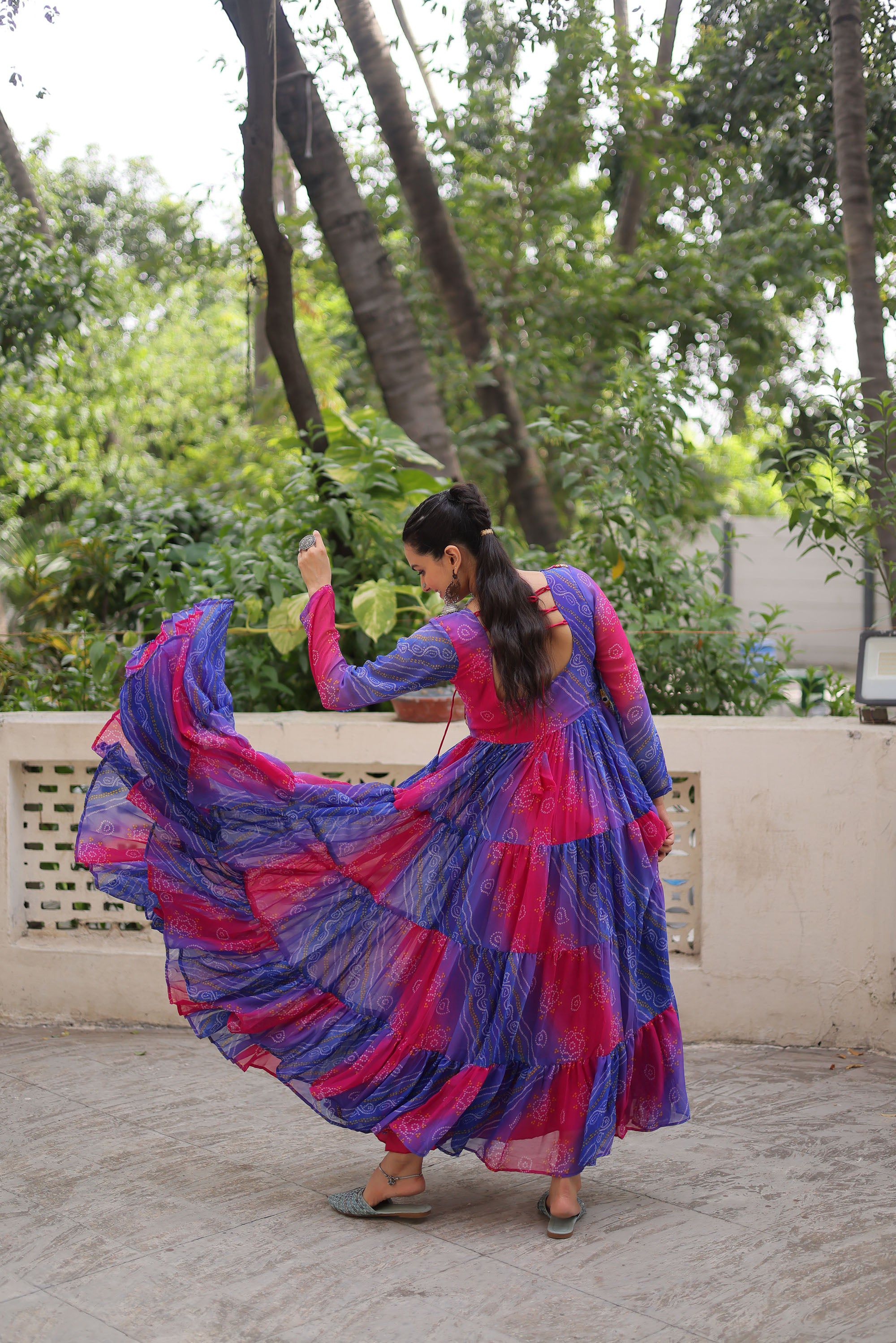 Lorenvalley Fashion Multicolor Faux Georgette Laheriya & Bandhej Print with kutchi patche work Gown | Grocsy