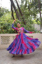 Lorenvalley Fashion Multicolor Faux Georgette Laheriya & Bandhej Print with kutchi patche work Gown | Grocsy