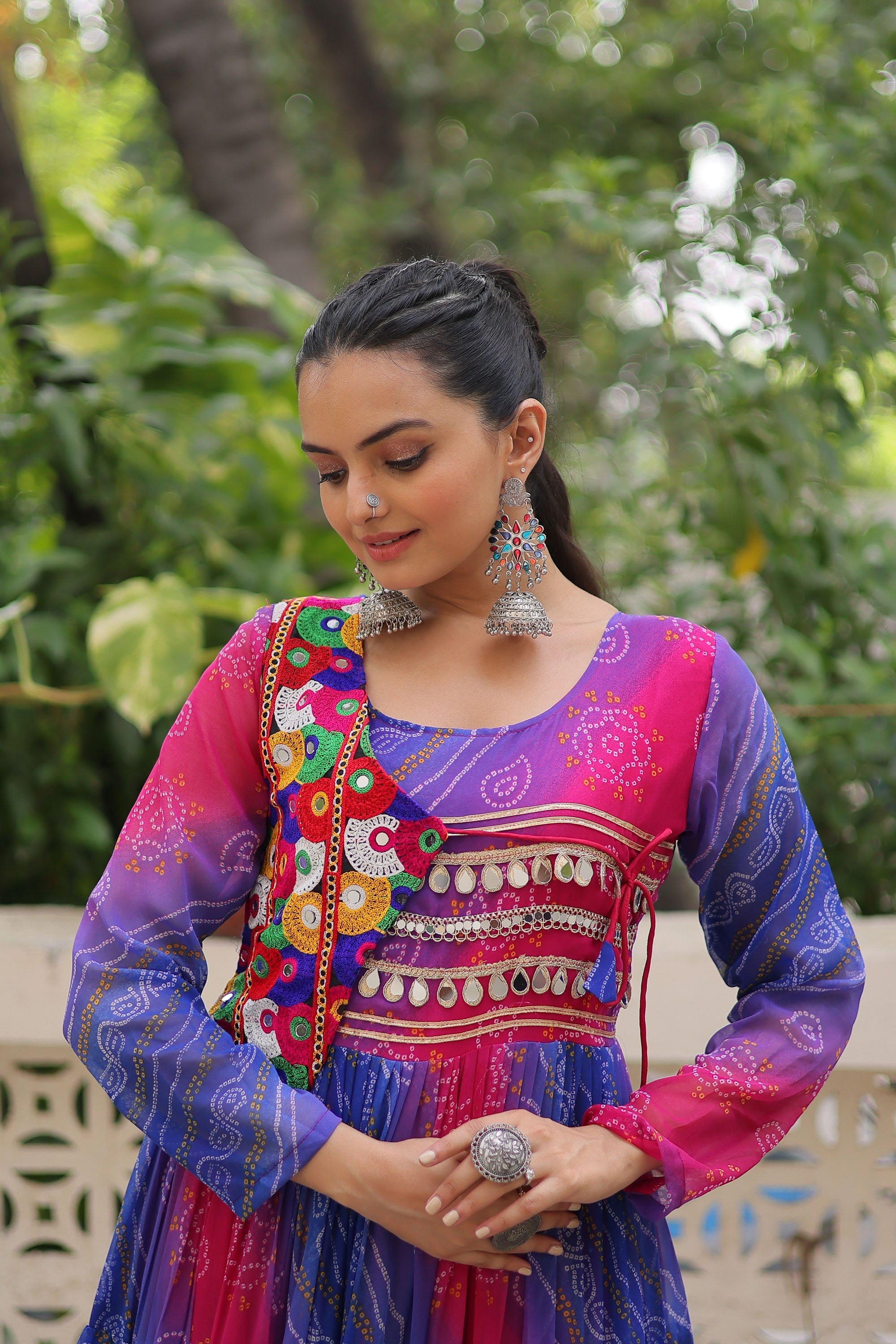 Lorenvalley Fashion Multicolor Faux Georgette Laheriya & Bandhej Print with kutchi patche work Gown | Grocsy