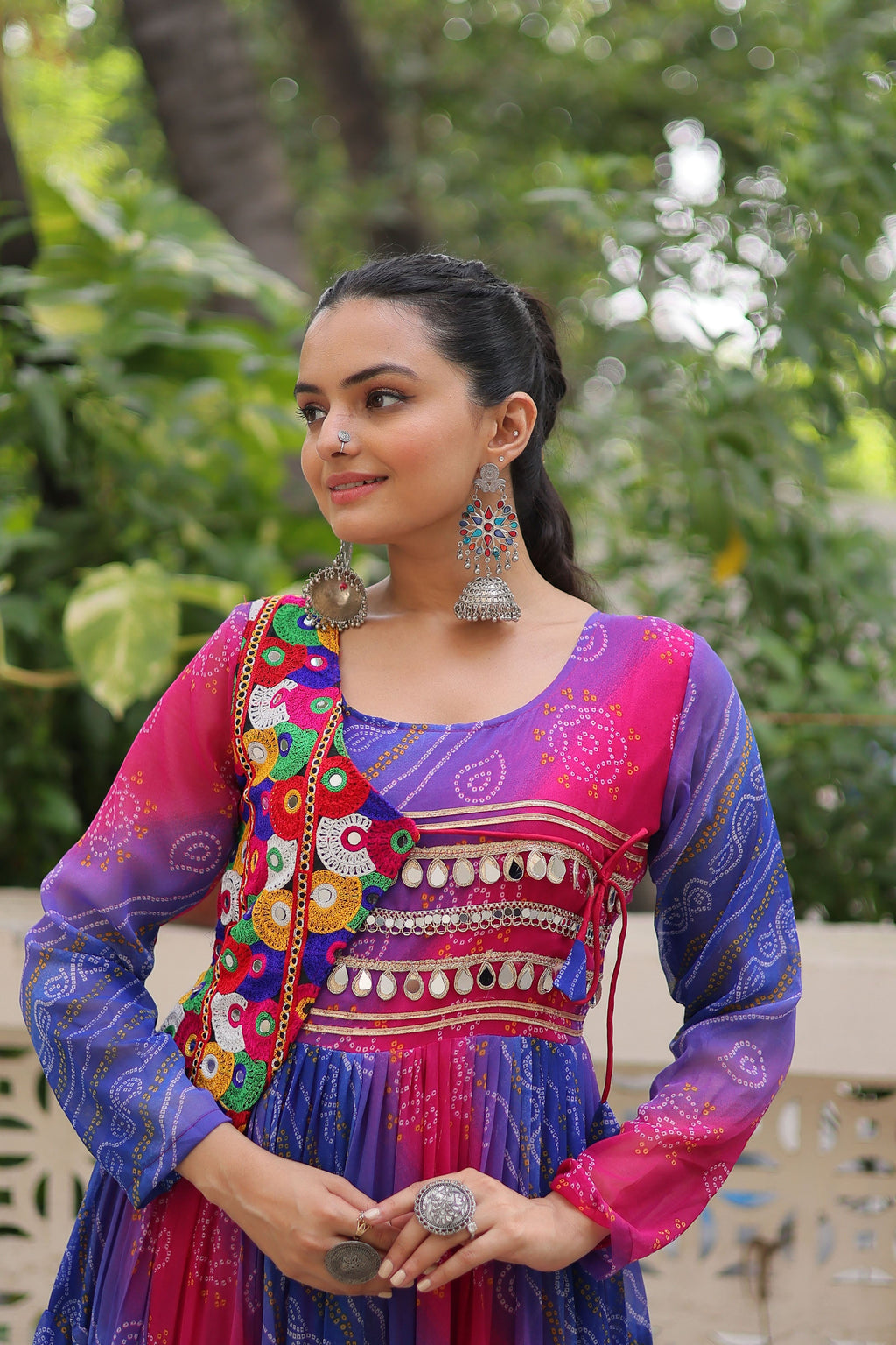 Lorenvalley Fashion Multicolor Faux Georgette Laheriya & Bandhej Print with kutchi patche work Gown | Grocsy