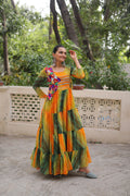 Lorenvalley Fashion Multicolor Faux Georgette Laheriya & Bandhej Print with kutchi patche work Gown | Grocsy