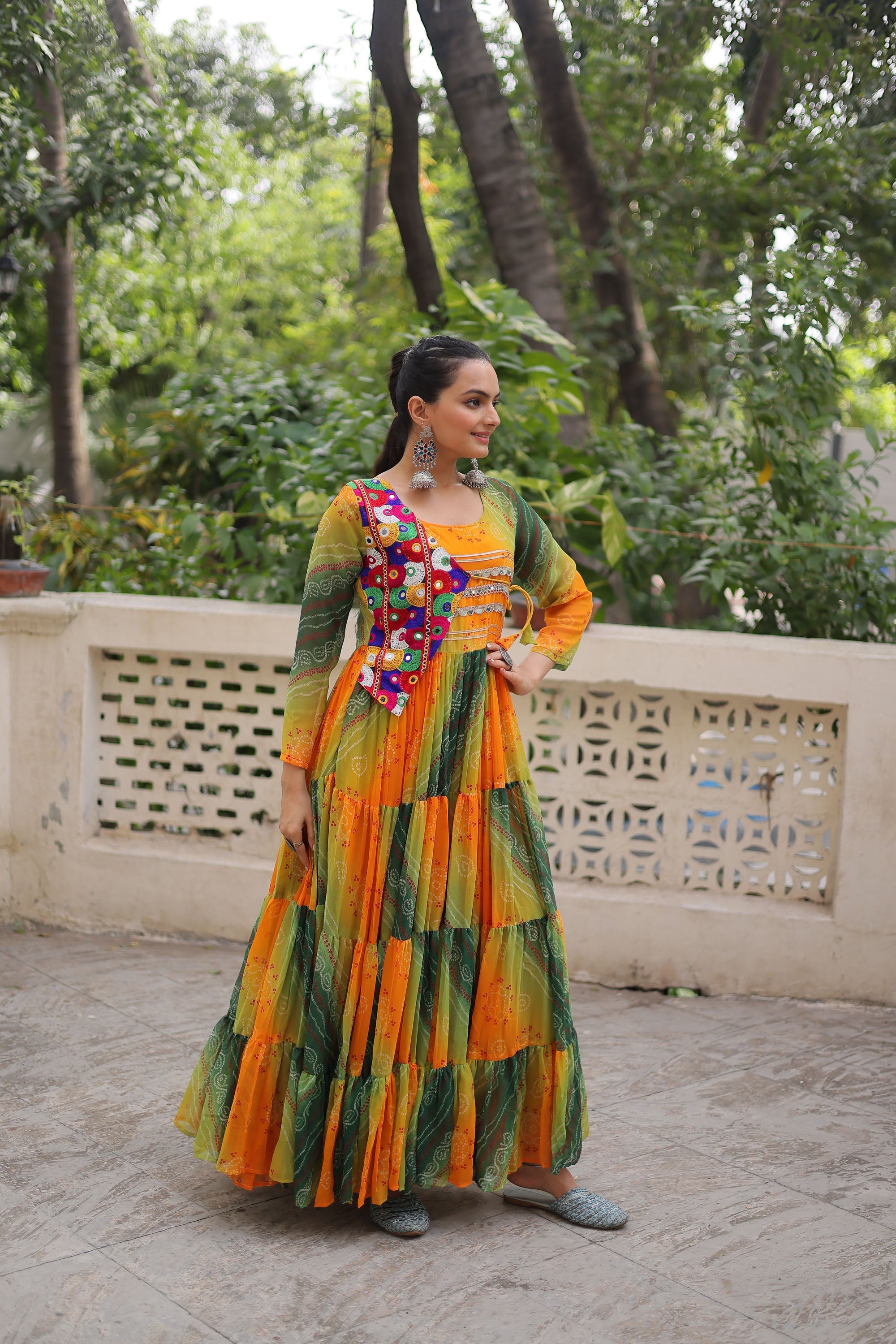 Lorenvalley Fashion Multicolor Faux Georgette Laheriya & Bandhej Print with kutchi patche work Gown | Grocsy