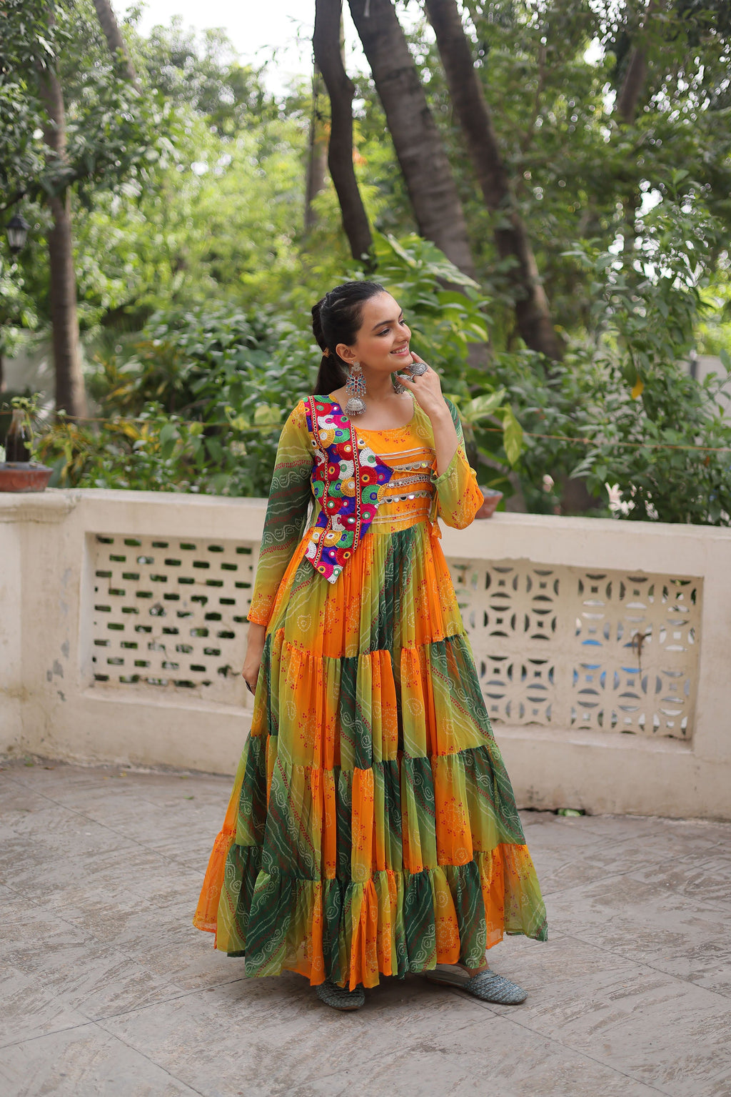Lorenvalley Fashion Multicolor Faux Georgette Laheriya & Bandhej Print with kutchi patche work Gown | Grocsy