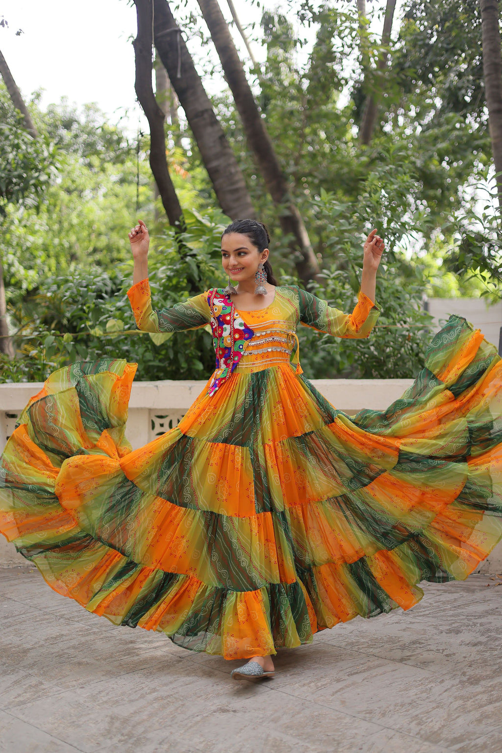 Lorenvalley Fashion Multicolor Faux Georgette Laheriya & Bandhej Print with kutchi patche work Gown | Grocsy