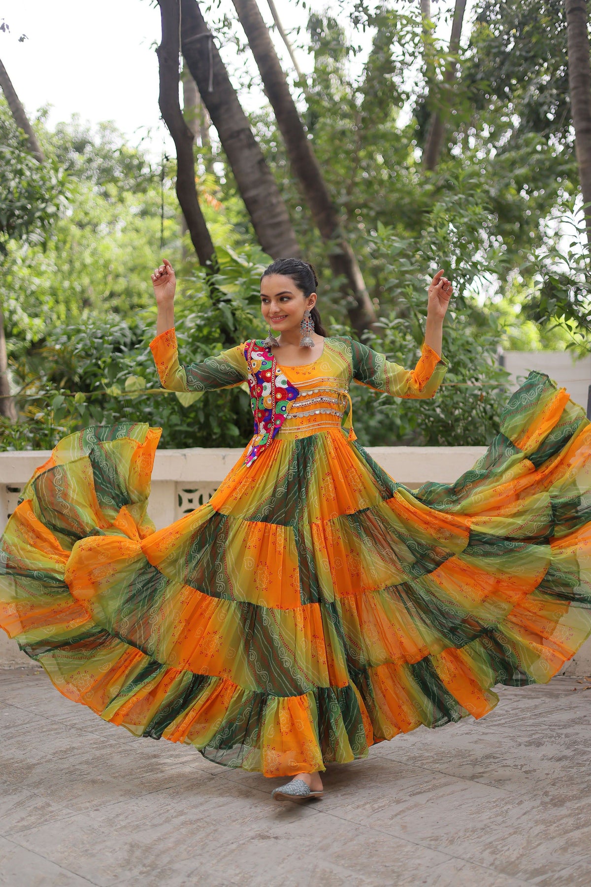 Lorenvalley Fashion Multicolor Faux Georgette Laheriya & Bandhej Print with kutchi patche work Gown | Grocsy