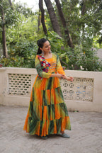 Lorenvalley Fashion Multicolor Faux Georgette Laheriya & Bandhej Print with kutchi patche work Gown | Grocsy