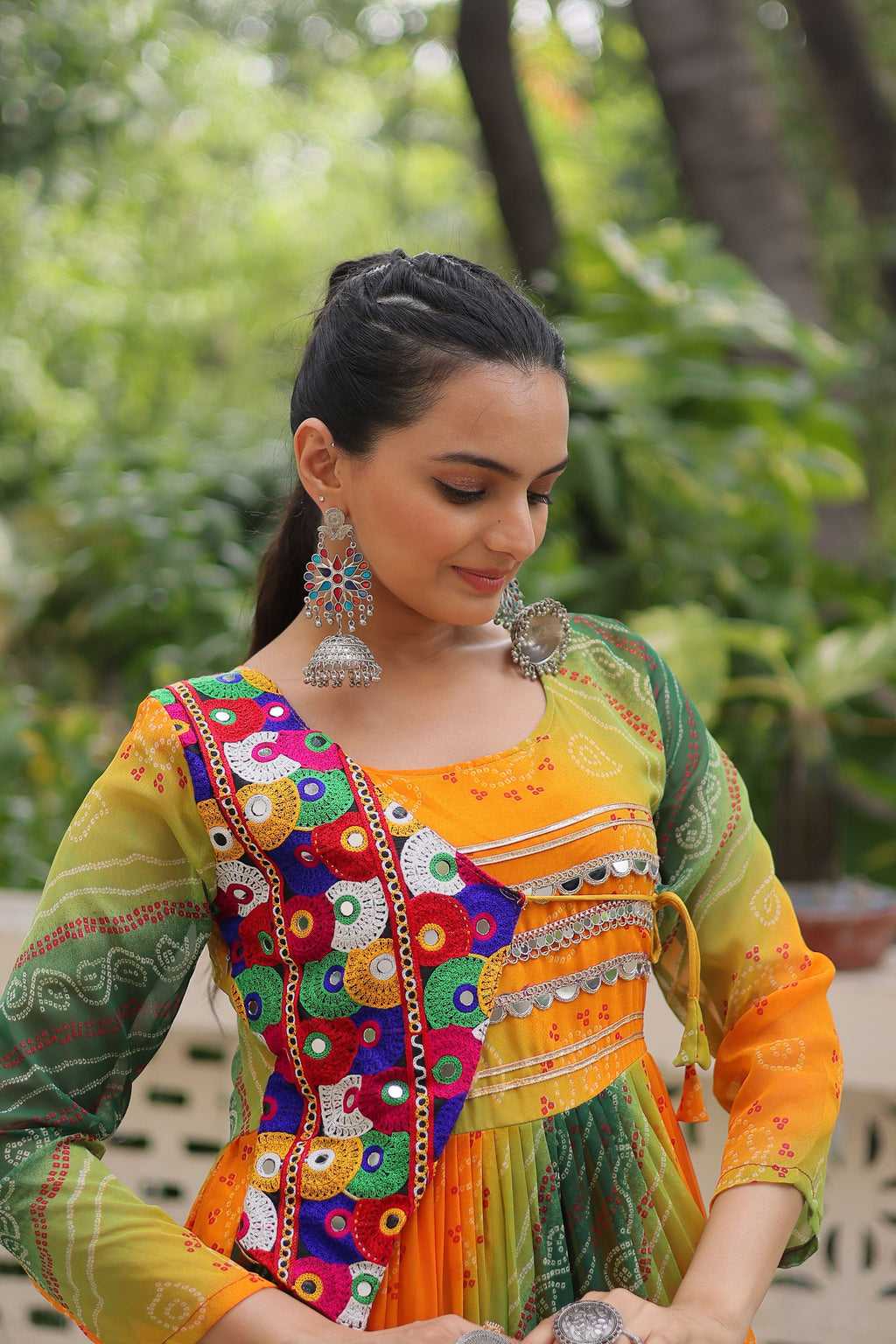 Lorenvalley Fashion Multicolor Faux Georgette Laheriya & Bandhej Print with kutchi patche work Gown | Grocsy
