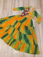 Lorenvalley Fashion Multicolor Faux Georgette Laheriya & Bandhej Print with kutchi patche work Gown | Grocsy