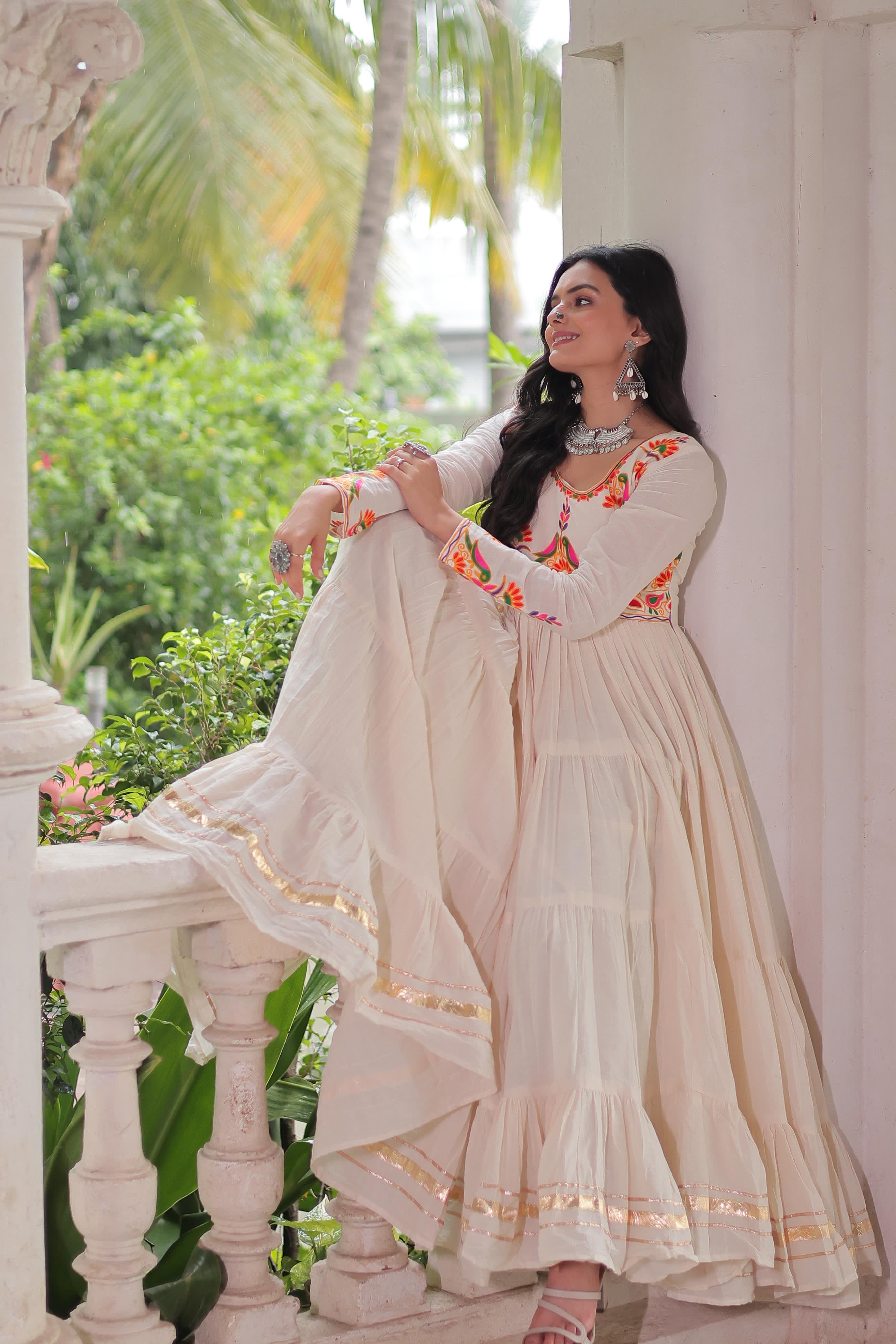 Prazu Fashion Off White Cotton With Multi Thread Embroidered Gown | Grocsy