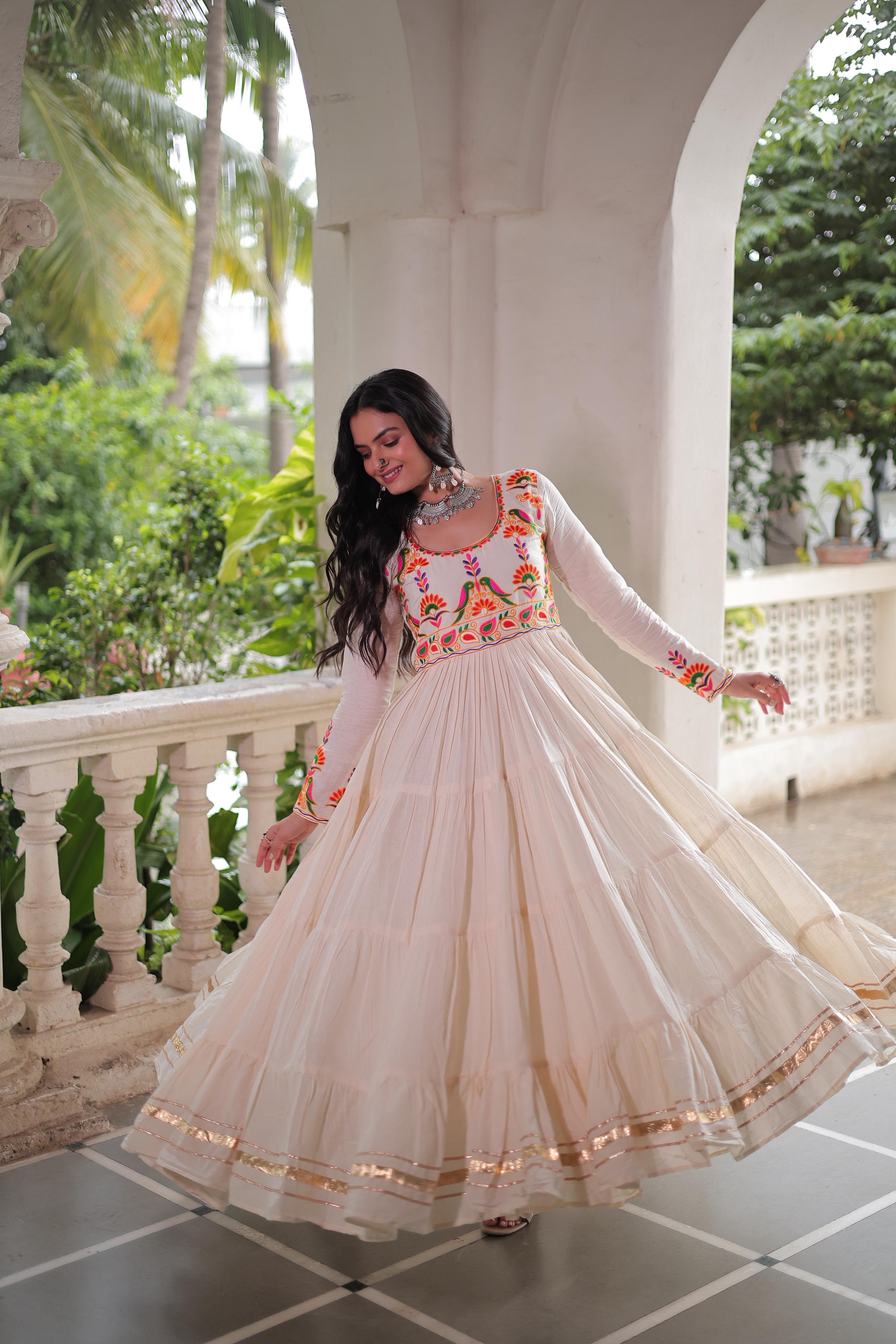 Prazu Fashion Off White Cotton With Multi Thread Embroidered Gown | Grocsy