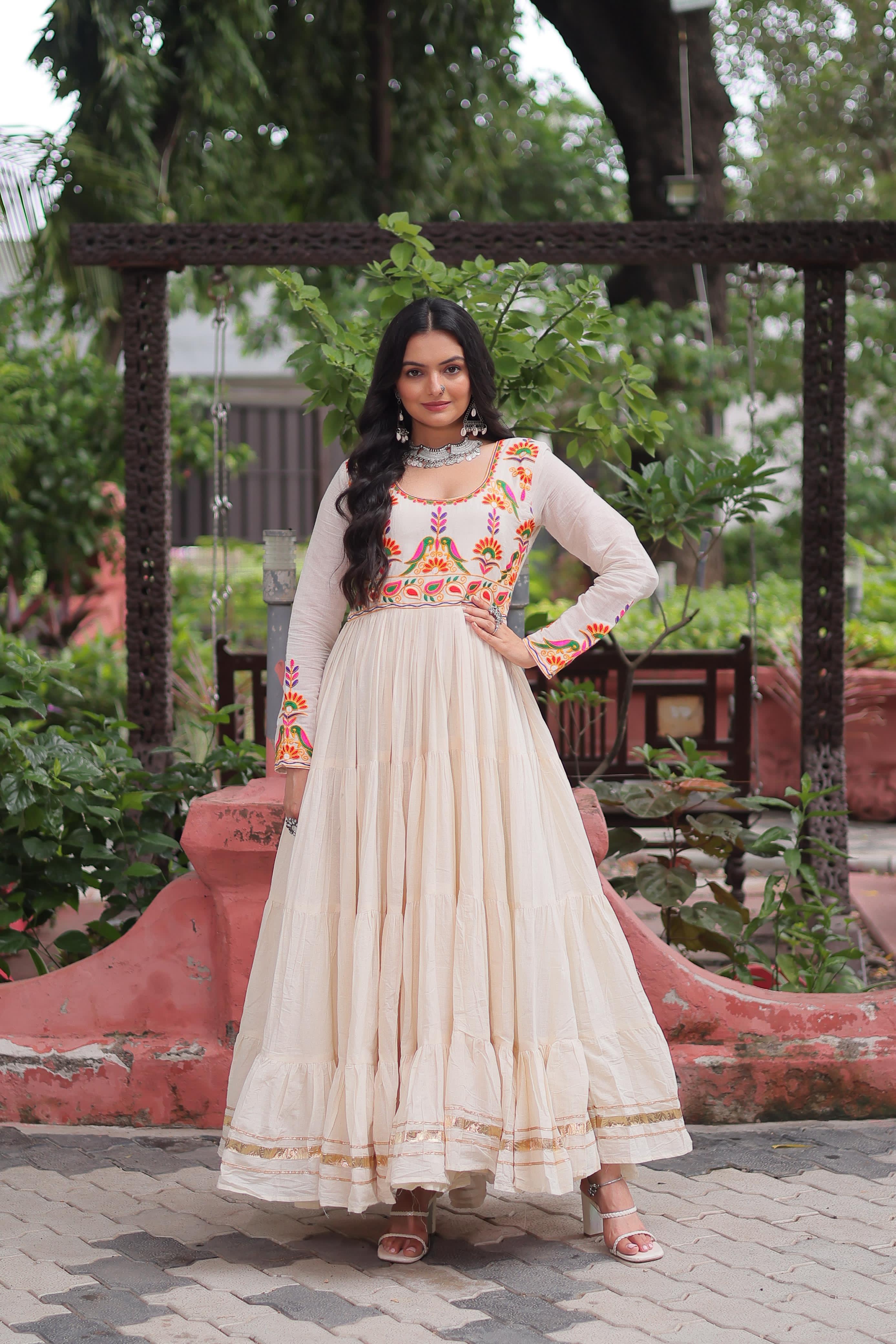 Prazu Fashion Off White Cotton With Multi Thread Embroidered Gown | Grocsy
