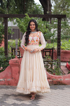 Lorenvalley Fashion Offwhite Kora Cotton with Multi Thread Embroidered & Gota patti Work Gown | Grocsy
