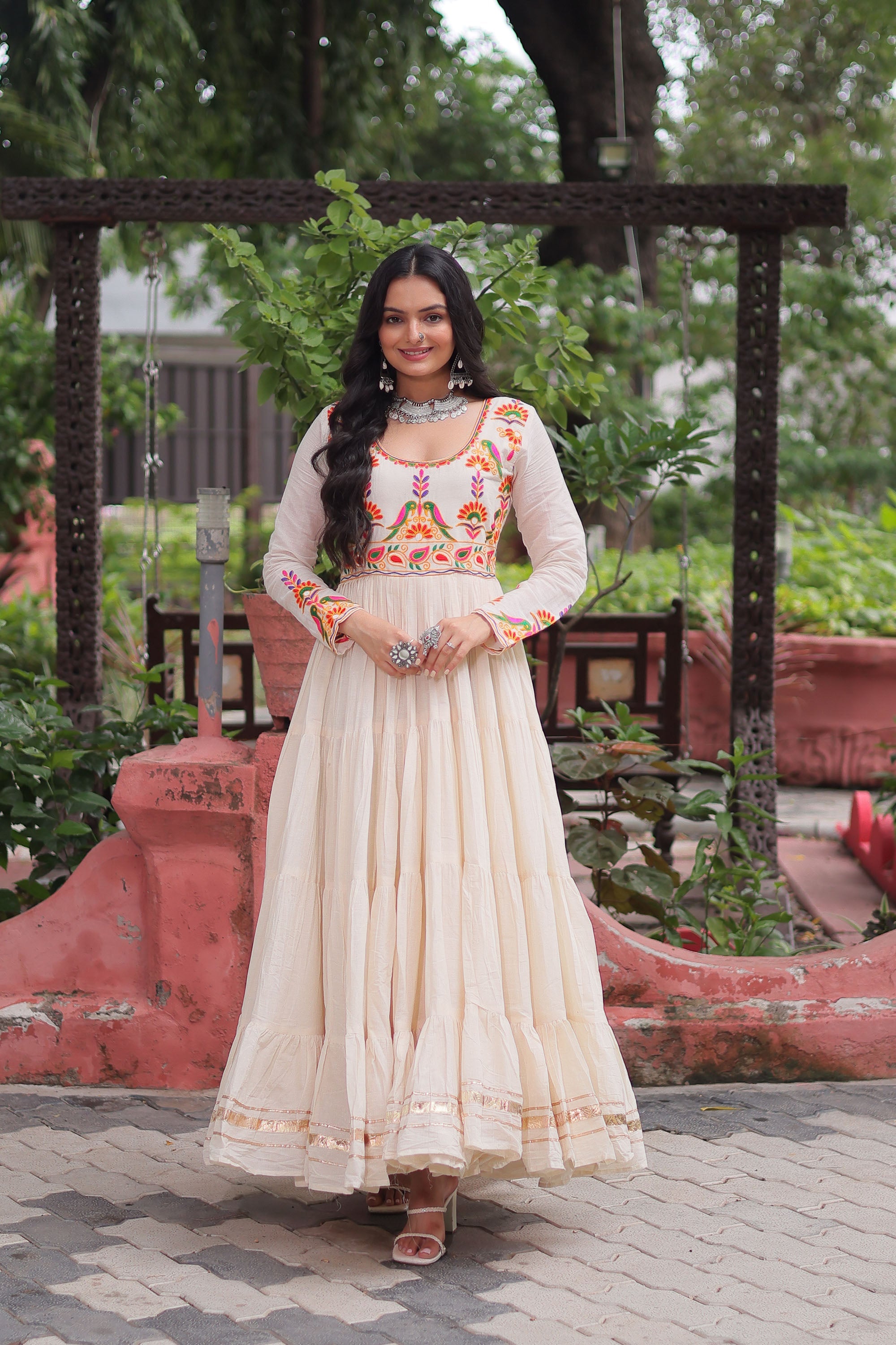 Lorenvalley Fashion Offwhite Kora Cotton with Multi Thread Embroidered & Gota patti Work Gown | Grocsy