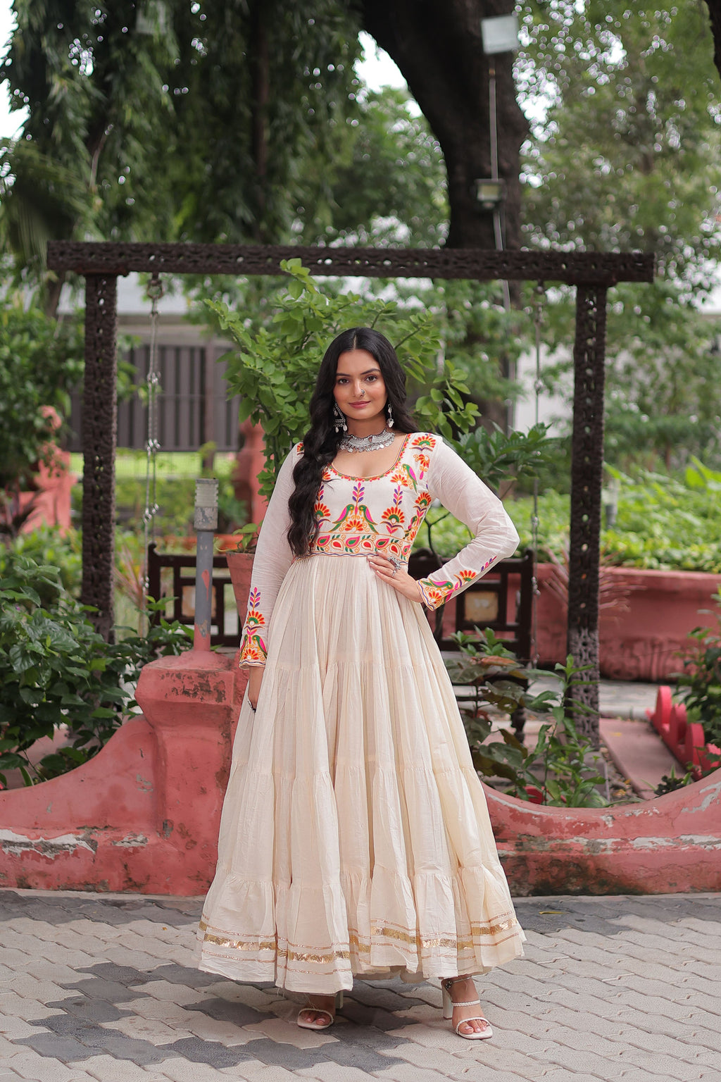 Lorenvalley Fashion Offwhite Kora Cotton with Multi Thread Embroidered & Gota patti Work Gown | Grocsy