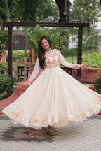 Lorenvalley Fashion Offwhite Kora Cotton with Multi Thread Embroidered & Gota patti Work Gown | Grocsy