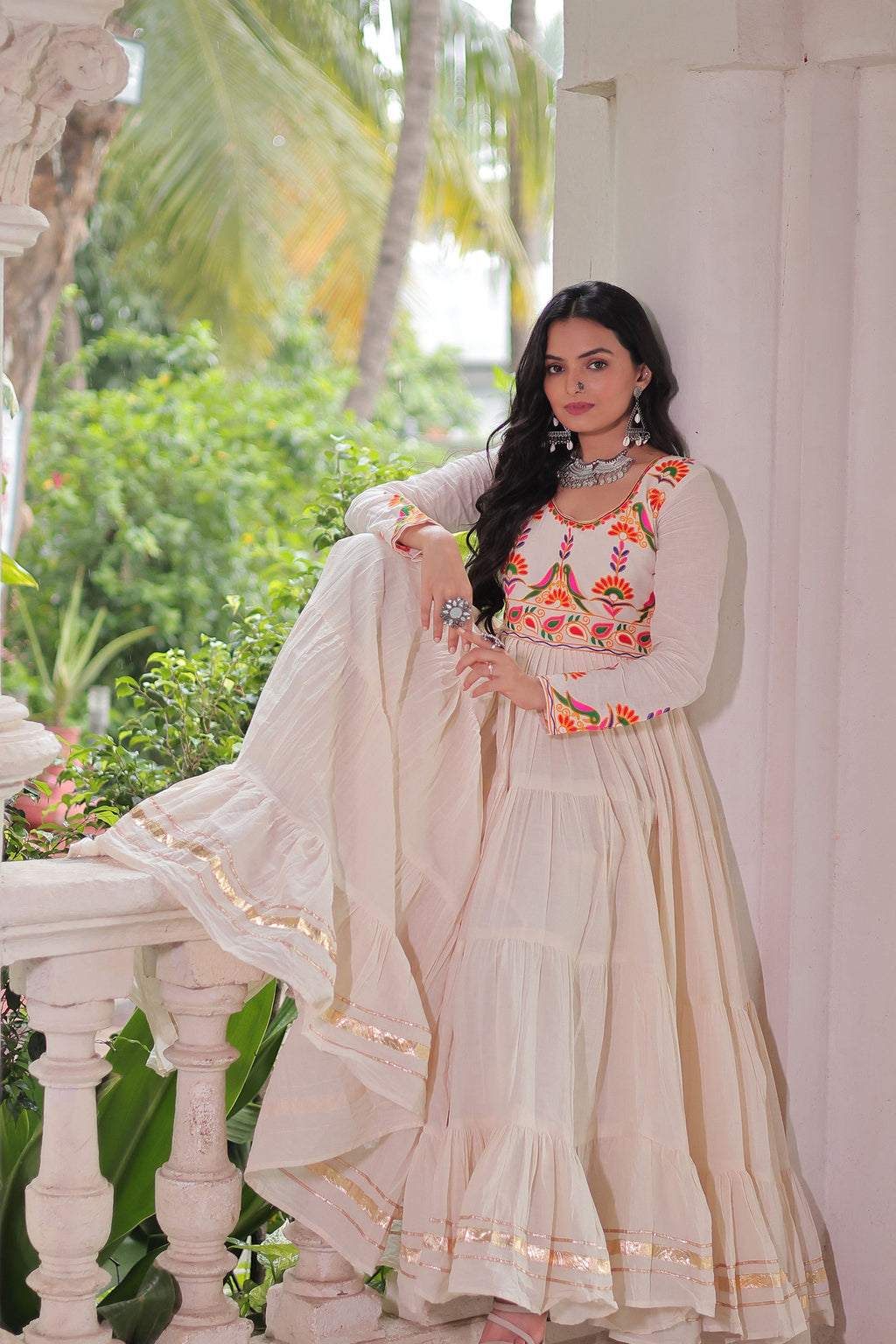Lorenvalley Fashion Offwhite Kora Cotton with Multi Thread Embroidered & Gota patti Work Gown | Grocsy