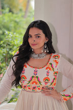 Lorenvalley Fashion Offwhite Kora Cotton with Multi Thread Embroidered & Gota patti Work Gown | Grocsy