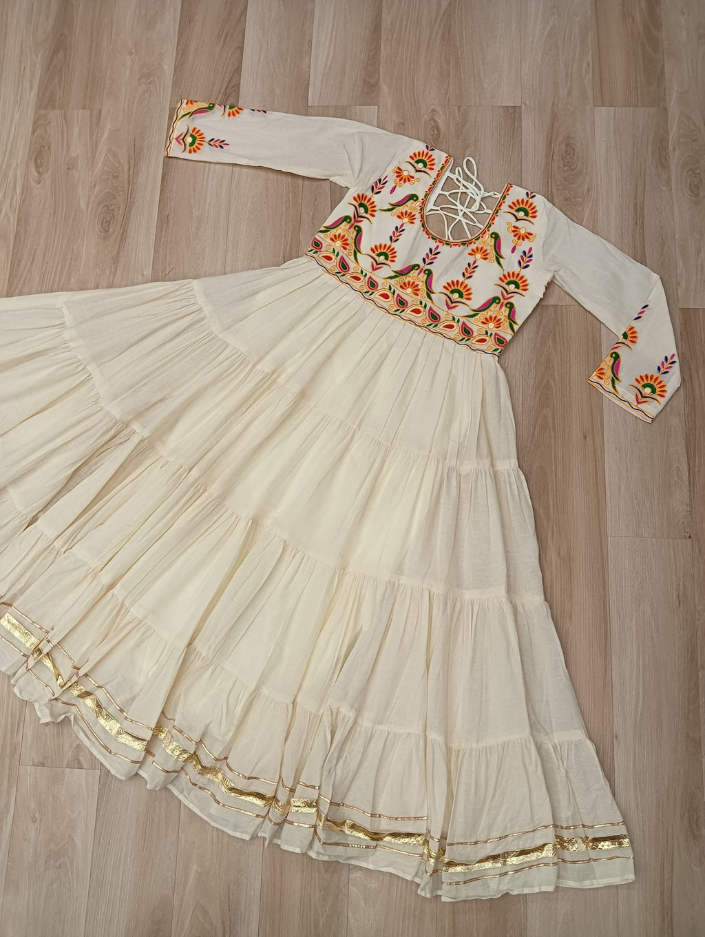 Lorenvalley Fashion Offwhite Kora Cotton with Multi Thread Embroidered & Gota patti Work Gown | Grocsy