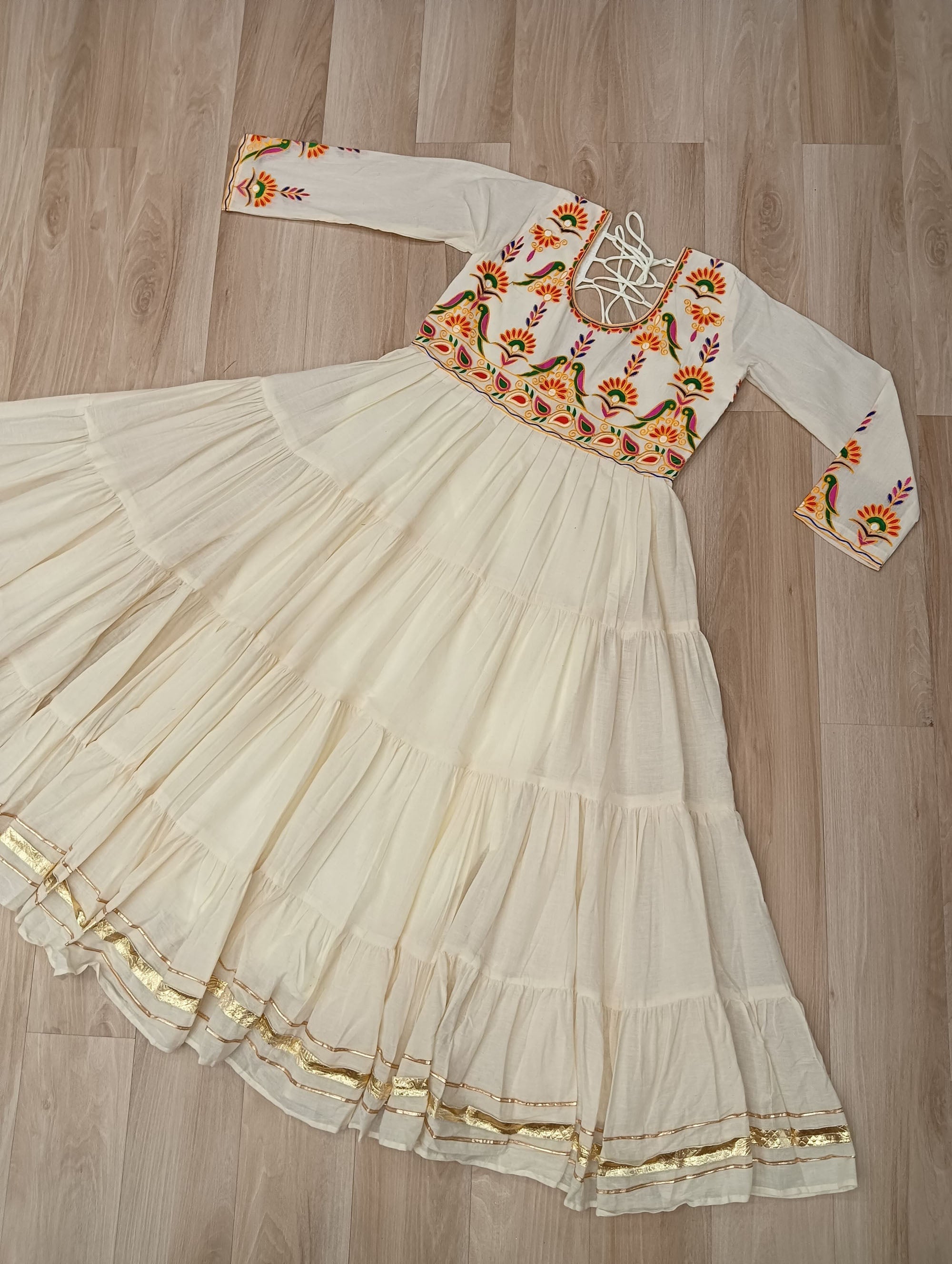 Lorenvalley Fashion Offwhite Kora Cotton with Multi Thread Embroidered & Gota patti Work Gown | Grocsy