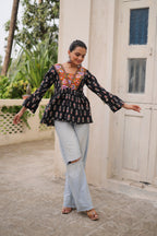Prazu Fashion Black Cotton Print With Kutchi Patchwork Top For Navratri | Grocsy