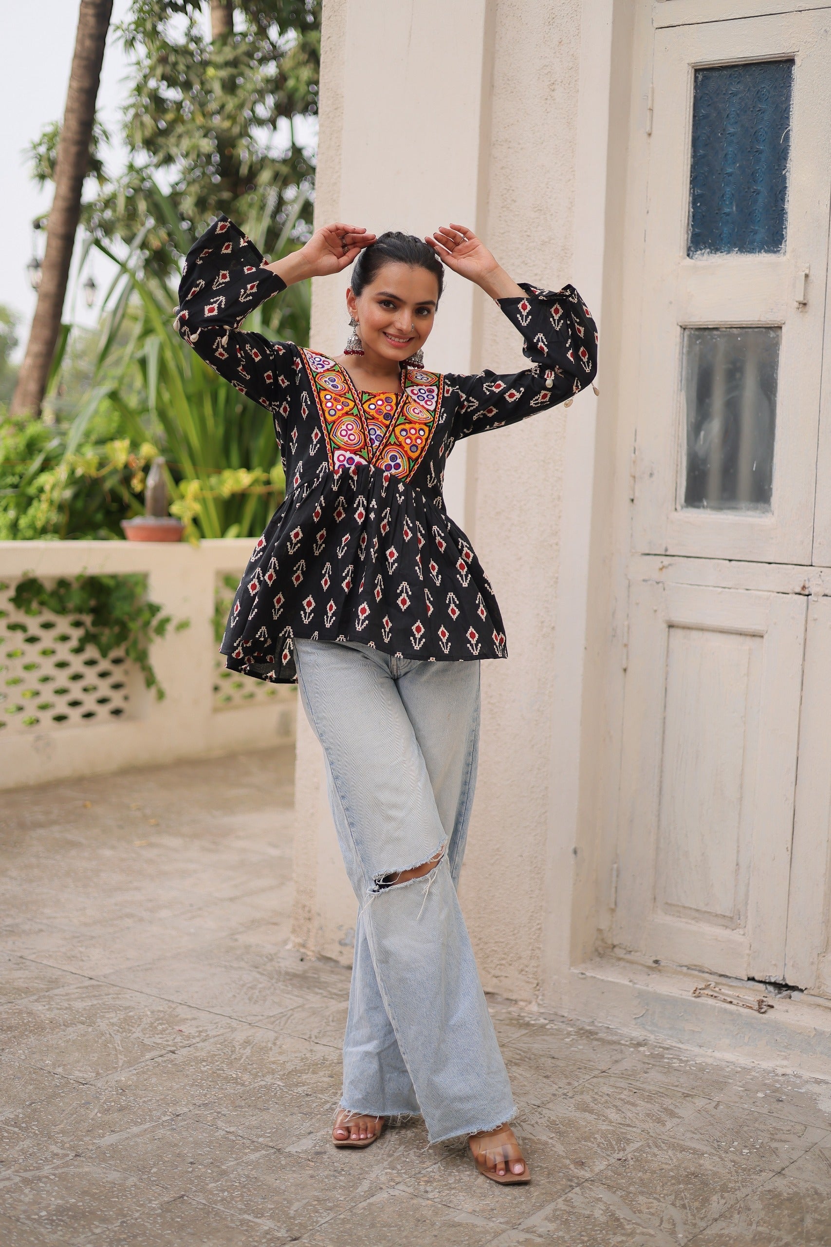 Prazu Fashion Black Cotton Print With Kutchi Patchwork Top For Navratri | Grocsy