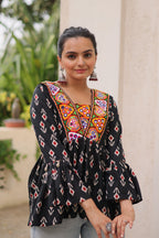Prazu Fashion Black Cotton Print With Kutchi Patchwork Top For Navratri | Grocsy