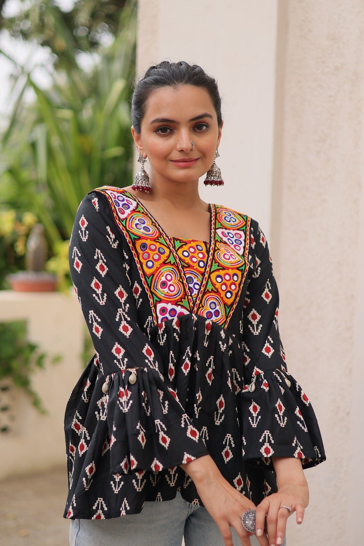 Prazu Fashion Black Cotton Print With Kutchi Patchwork Top For Navratri | Grocsy
