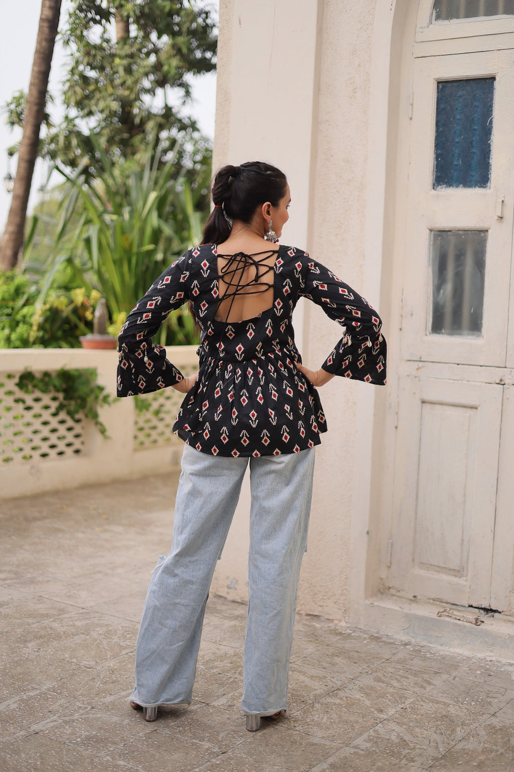 Prazu Fashion Black Cotton Print With Kutchi Patchwork Top For Navratri | Grocsy