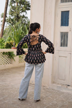 Prazu Fashion Black Cotton Print With Kutchi Patchwork Top For Navratri | Grocsy