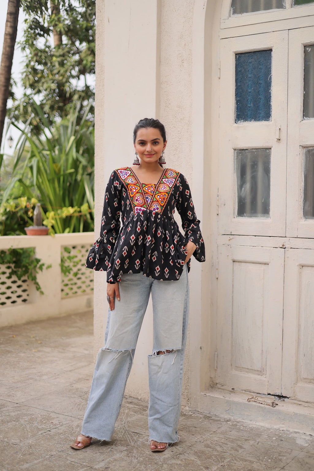 Prazu Fashion Black Cotton Print With Kutchi Patchwork Top For Navratri | Grocsy