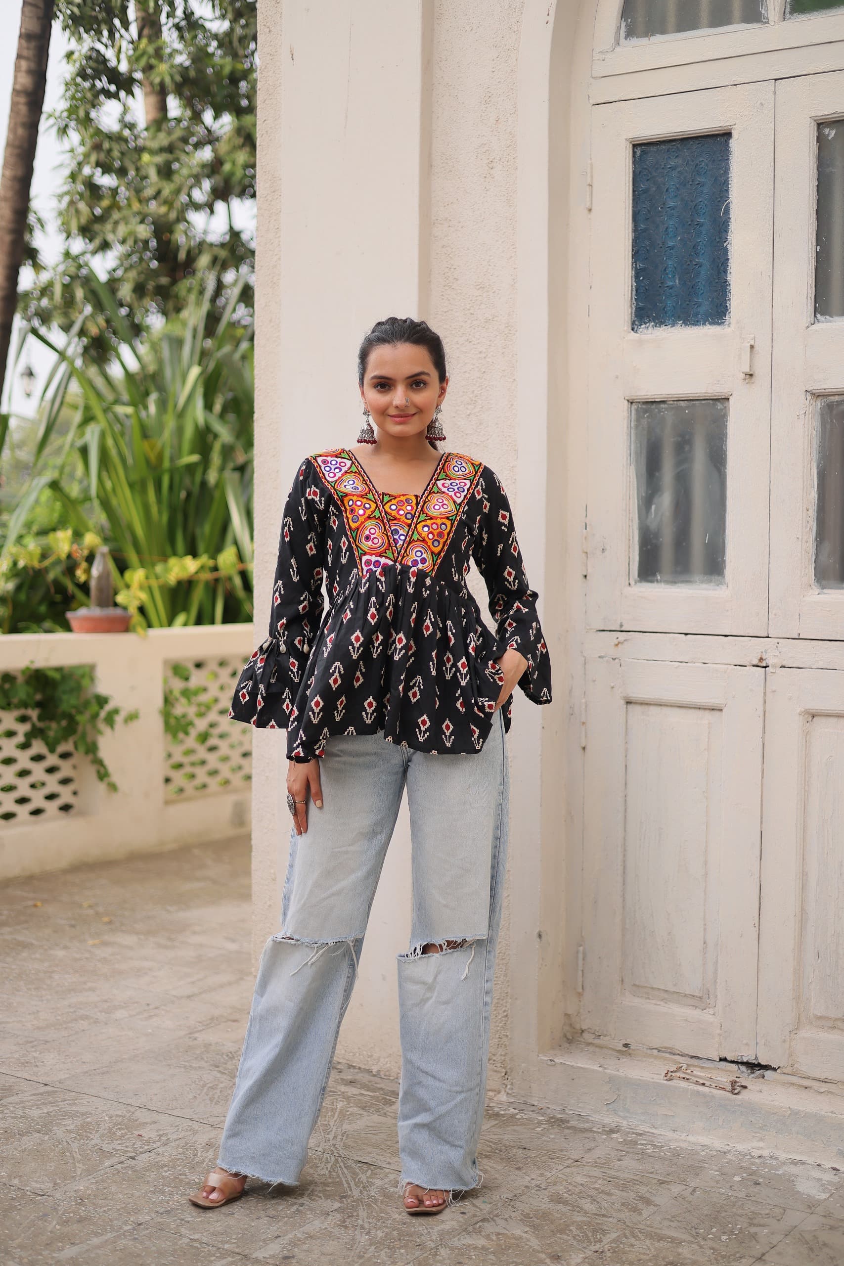 Prazu Fashion Black Cotton Print With Kutchi Patchwork Top For Navratri | Grocsy