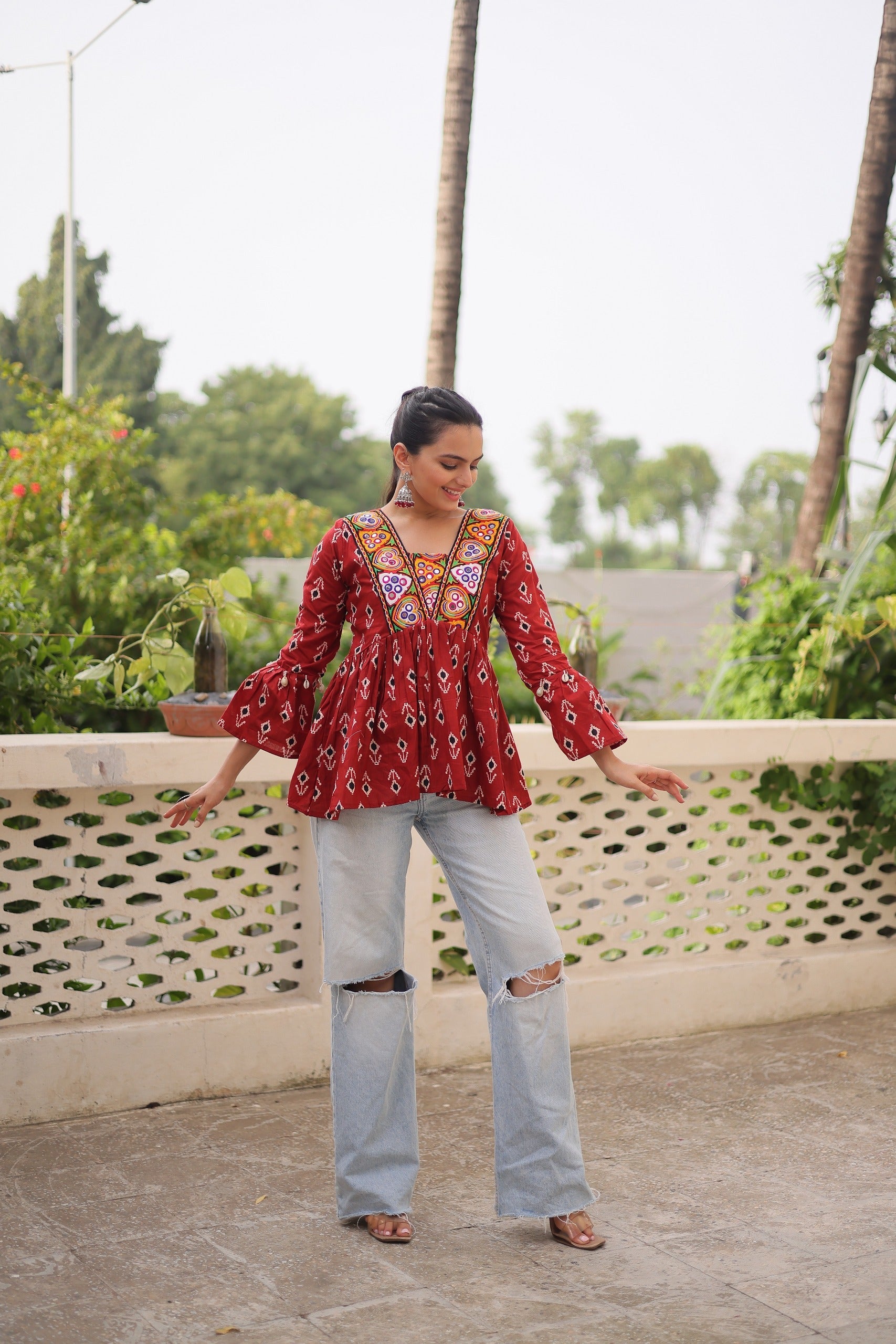 Prazu Fashion Maroon Cotton Print With Kutchi Patchwork Top For Navratri | Grocsy