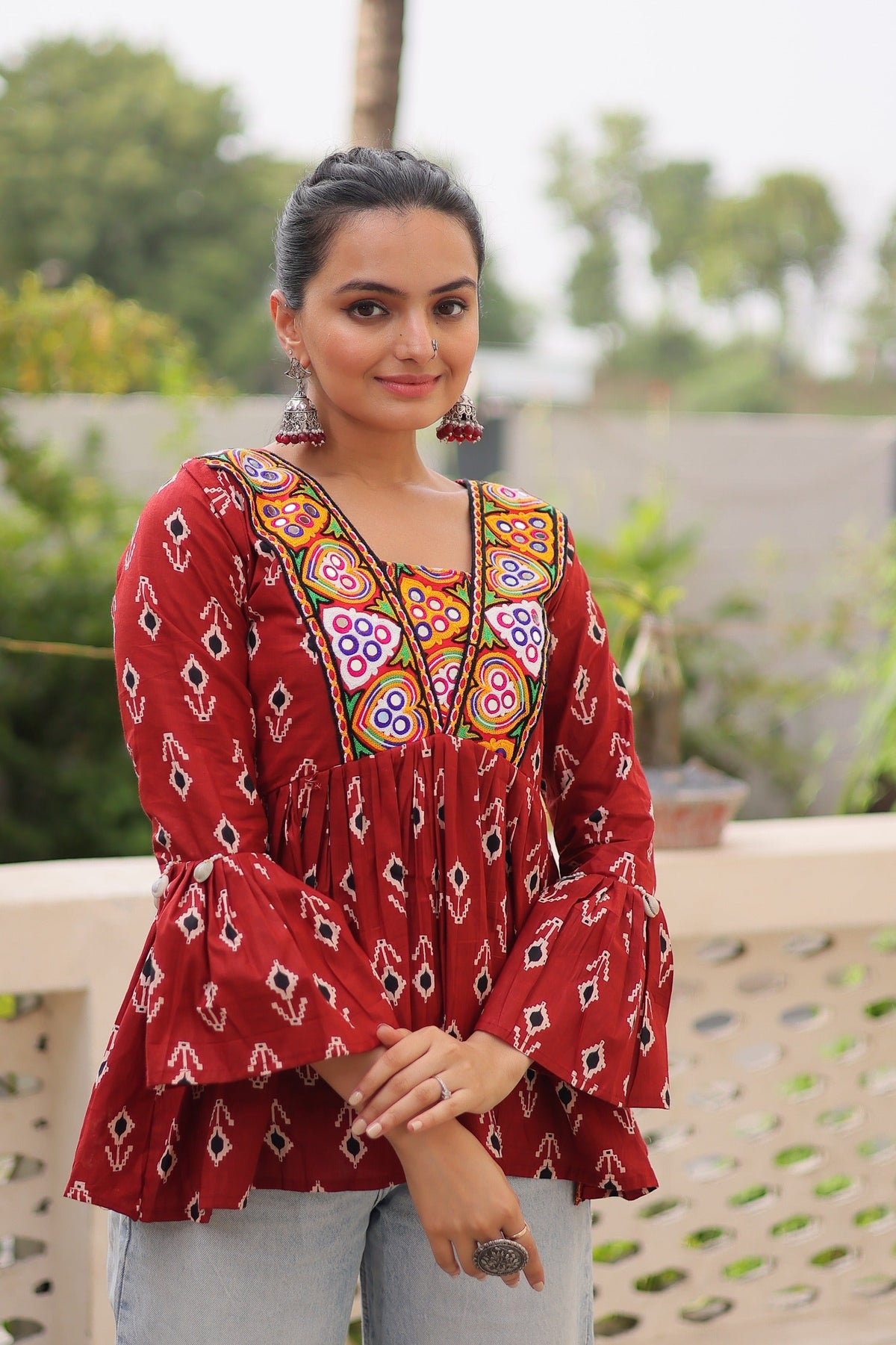 Prazu Fashion Maroon Cotton Print With Kutchi Patchwork Top For Navratri | Grocsy