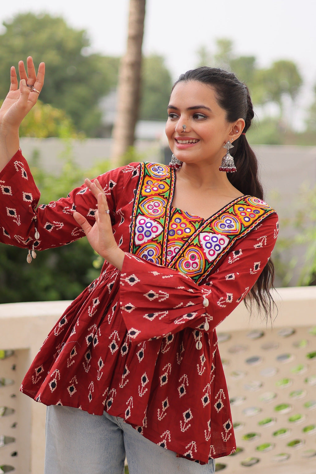 Prazu Fashion Maroon Cotton Print With Kutchi Patchwork Top For Navratri | Grocsy