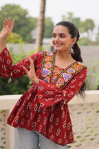 Prazu Fashion Maroon Cotton Print With Kutchi Patchwork Top For Navratri | Grocsy