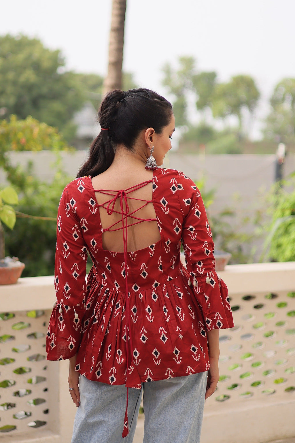 Prazu Fashion Maroon Cotton Print With Kutchi Patchwork Top For Navratri | Grocsy