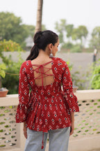 Prazu Fashion Maroon Cotton Print With Kutchi Patchwork Top For Navratri | Grocsy