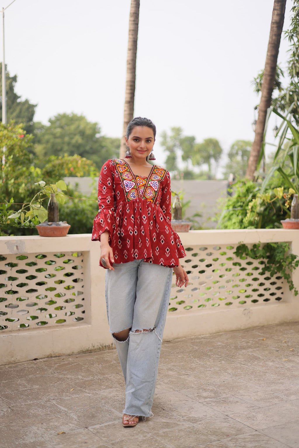 Prazu Fashion Maroon Cotton Print With Kutchi Patchwork Top For Navratri | Grocsy