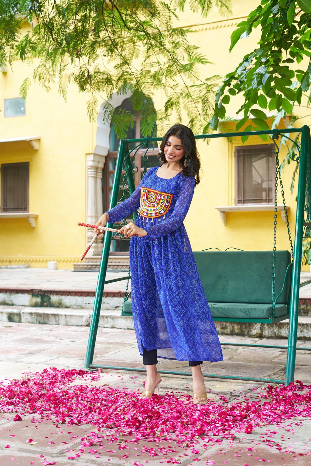 Prazu Fashion Blue Georgette Bandhej Print With Kutchi Patchwork Kurti For Navratri | Grocsy
