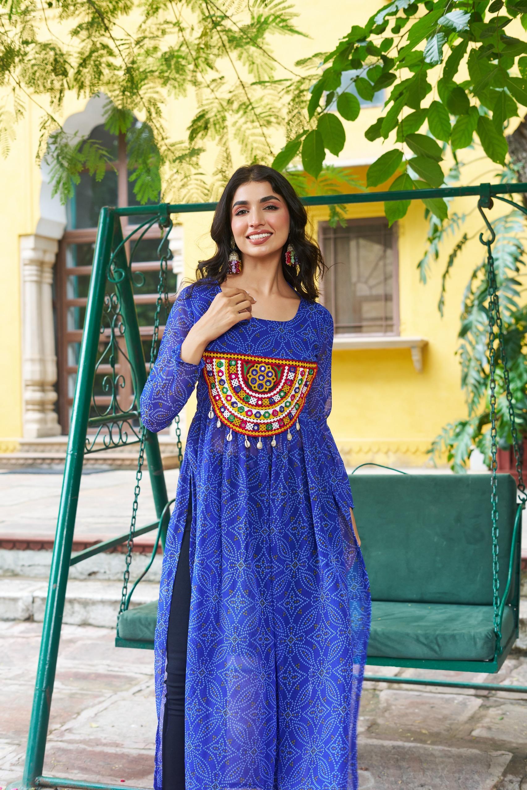 Prazu Fashion Blue Georgette Bandhej Print With Kutchi Patchwork Kurti For Navratri | Grocsy