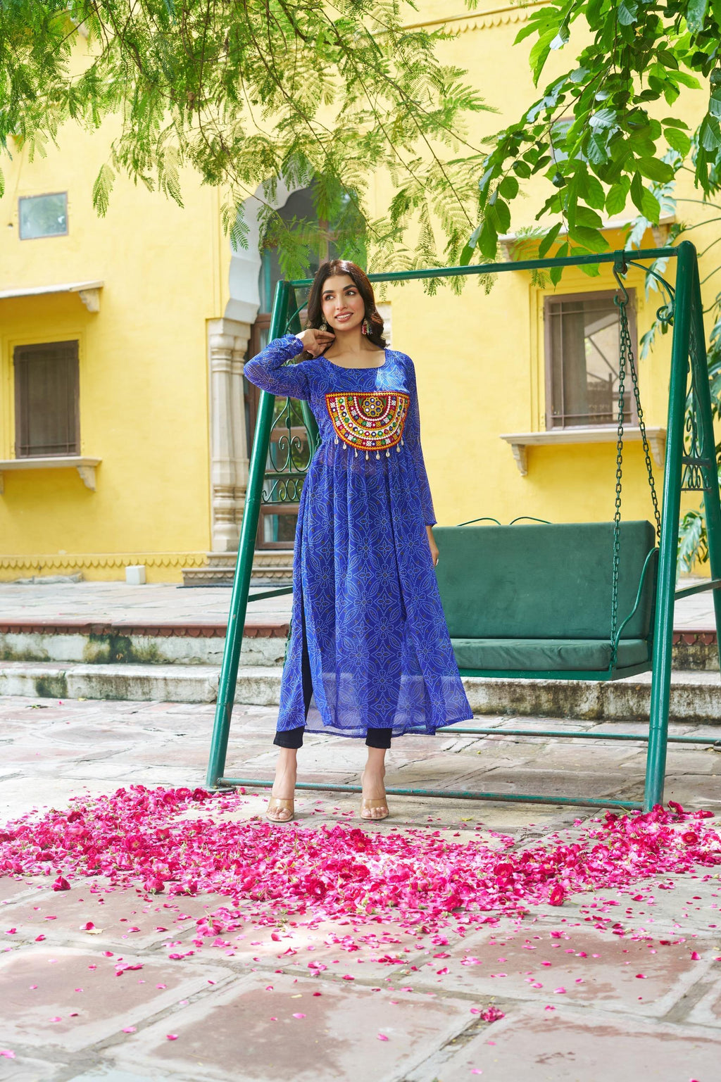 Prazu Fashion Blue Georgette Bandhej Print With Kutchi Patchwork Kurti For Navratri | Grocsy