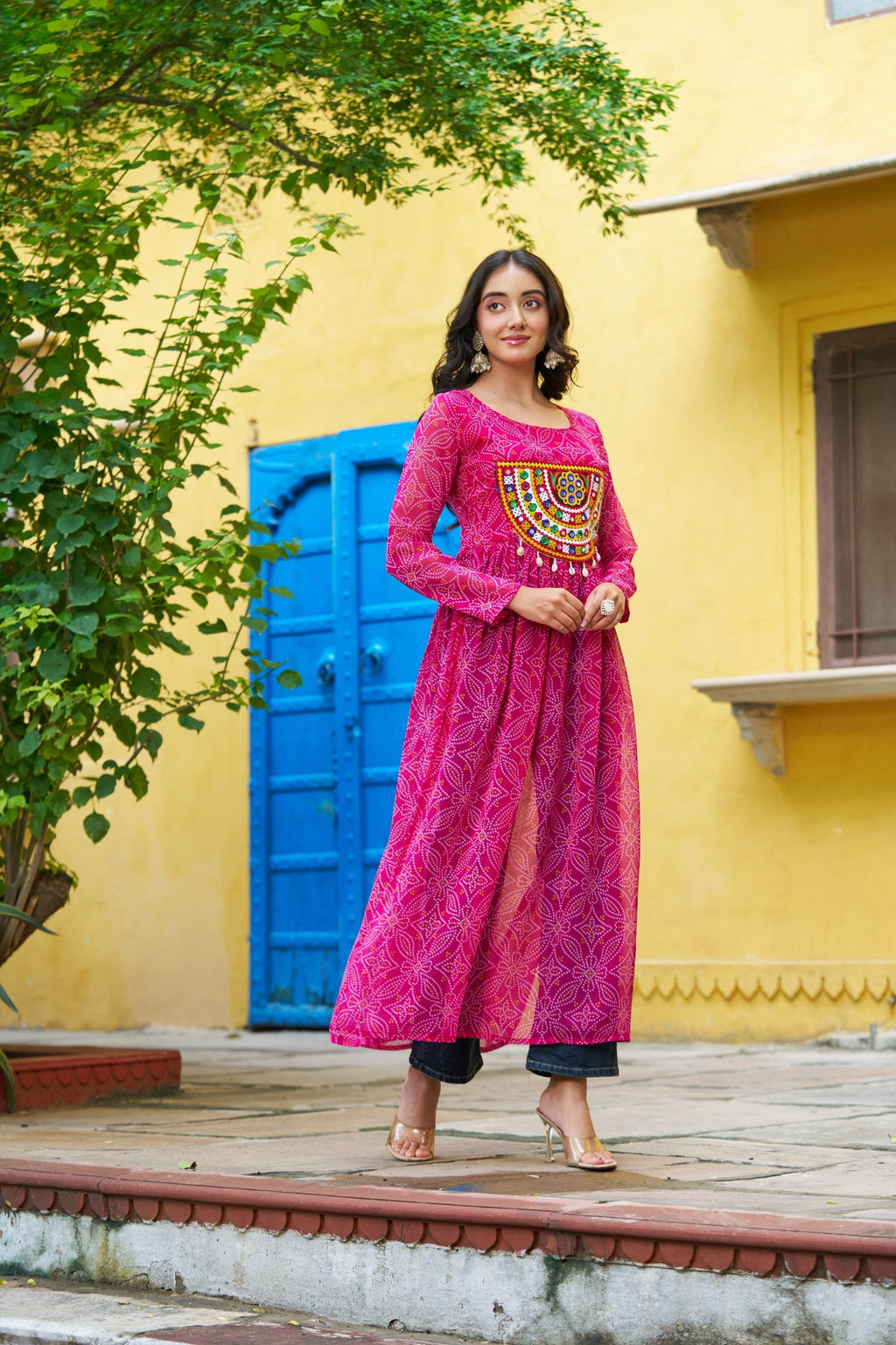 Prazu Fashion Pink Georgette Bandhej Print With Kutchi Patchwork Kurti For Navratri | Grocsy