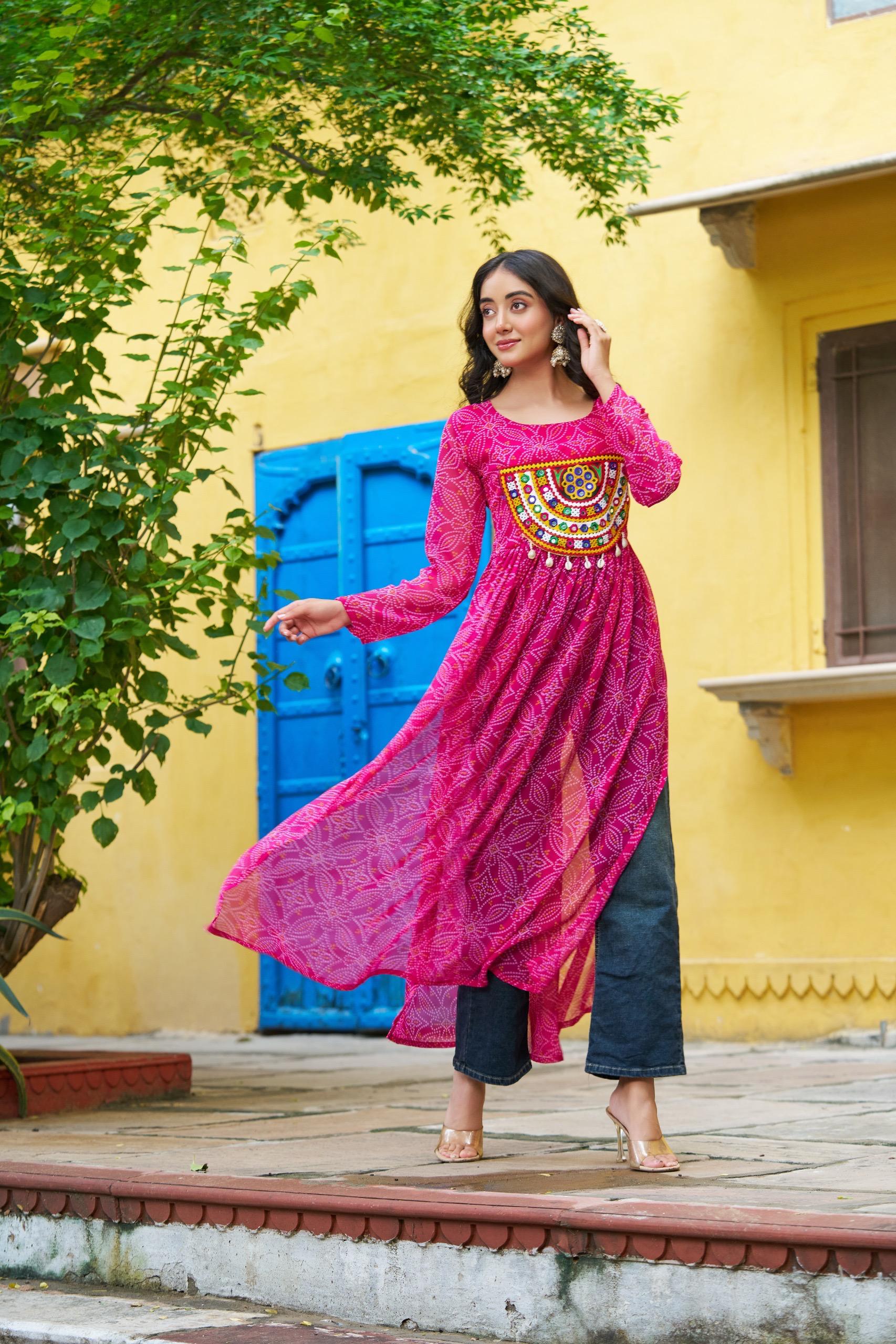 Prazu Fashion Pink Georgette Bandhej Print With Kutchi Patchwork Kurti For Navratri | Grocsy